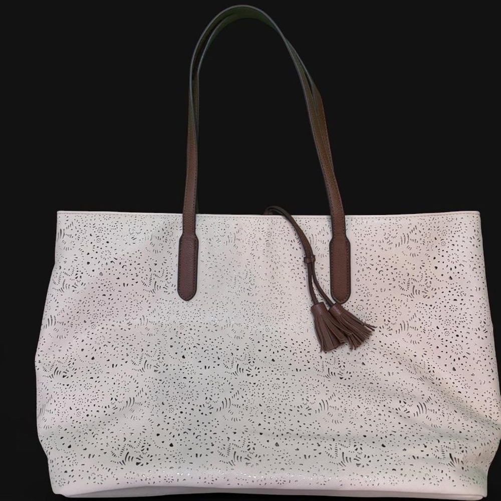 Laser Cut Floral Eyelet Large Tote Bag White Brown Tassel Shoulder Bag